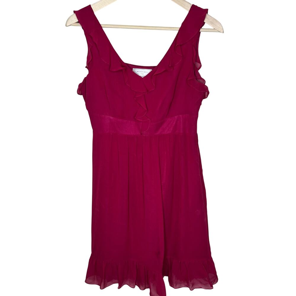 Anthropologie Moulinette Soeurs 100% Silk Dress 4 Magenta Ruffle Hem Mini V-Neck
